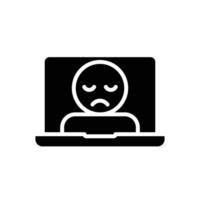 Sad Face on Laptop Screen Icon Glyph Style Silhouette Depressed Worker Mood on Computer Solid Black Symbol for Remote Stress Burnout and Mental Health vector