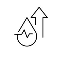 High blood pressure icon outline style. A blood drop with pulse line and rising arrow symbolizing hypertension, heart rate increase, or cardiovascular risk. Thin line symbol. vector