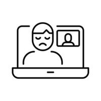 Zoom Fatigue Icon, Stressed Person in Call on Laptop, Outline Symbol for Digital Burnout, Remote Work Exhaustion, and Online Meeting Overload vector
