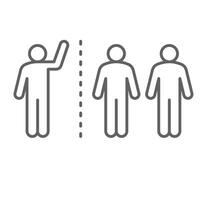 Exclusion icon outline style. Individual figure away from two grouped people symbolizing social rejection, quarantine, or separation. Thin line symbol illustration. Editable stroke vector