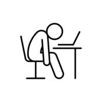 Burnout Icon, Exhausted Person Slouched at Desk with Laptop, Outline Symbol for Remote Work Fatigue, Mental Exhaustion, and Overwork Stress vector