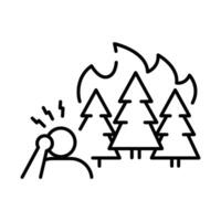 Stressed Person Icon. Forest Fire Reaction Outline. Climate Crisis Symbol. Burned Trees Line Style. vector