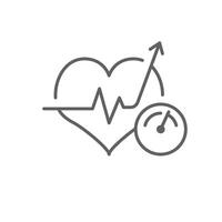 High blood pressure icon outline style. A heart with pulse line rising arrow and pressure gauge representing hypertension or cardiovascular risk. Thin line symbol illustration. Editable stroke vector