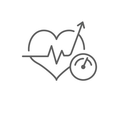 High blood pressure icon outline style. A heart with pulse line rising arrow and pressure gauge representing hypertension or cardiovascular risk. Thin line symbol illustration. Editable stroke