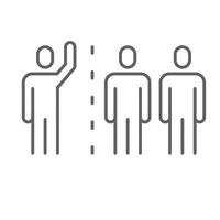 Group separation icon outline style. One person standing apart from group with divider line showing isolation, divide, or outsider status. Thin line symbol illustration. Editable stroke vector