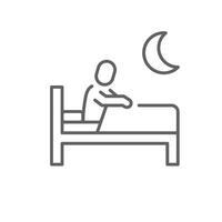 Sleep problem icon outline style. Figure sitting up in bed with moon in background showing insomnia or restless night. Thin line symbol illustration. Editable stroke vector