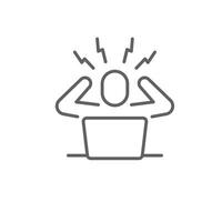 Remote worker stress icon. Outline style thin line editable stroke symbol of overwhelmed person holding head in frustration at computer desk vector
