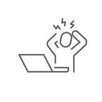 Overworked employee icon. Thin line editable stroke outline style symbol of stressed person at laptop facing pressure burnout or deadline vector