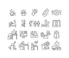 Remote Worker Fatigue Icon Set Featuring Burnout, Stress, Sleep Issues, Low Energy, Unhealthy Habits, and Mental Health Challenges in a Thin Line Style vector