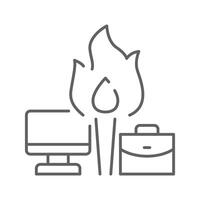 Burnout crisis icon. Thin line symbol of workplace overload with fire laptop and briefcase representing remote job pressure. Editable stroke vector