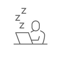 Remote worker sleep icon. Outline style thin line editable stroke symbol of tired person sleeping at laptop desk during work from home fatigue vector