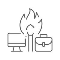 Work burnout icon Outline thin line symbol showing fire between computer and briefcase representing job stress and mental exhaustion vector