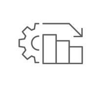 Low performance chart icon outline style. A declining bar graph with gear and downward arrow showing reduced efficiency or productivity drop. Thin line symbol illustration. Editable stroke vector