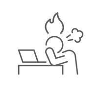 Work stress icon outline style. A person with head on desk and flame above symbolizing workplace burnout, frustration, or job overload. Thin line symbol illustration. Editable stroke vector