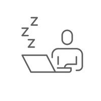 Sleeping employee icon. Thin line outline symbol of remote worker fatigue resting at computer due to exhaustion stress or overwork editable stroke vector