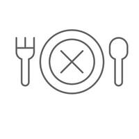 No appetite icon outline style. A crossed dish with fork and spoon depicting eating disorder, sickness, or loss of hunger. Thin line symbol illustration. Editable stroke vector