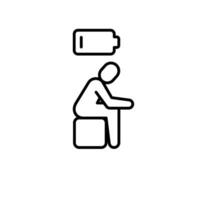 Low energy icon outline style. A person sitting with slumped posture under low battery symbol representing physical exhaustion, burnout, or fatigue. Thin line symbol. vector