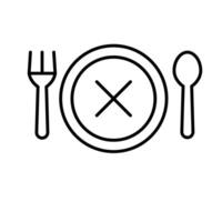 Loss of appetite icon outline style. A plate with cross mark and cutlery symbolizing decreased hunger, eating disorder, or lack of desire for food. Thin line symbol. vector