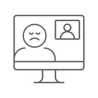 Depressed employee call icon Editable stroke outline showing remote worker stress sadness fatigue on virtual meeting computer screen vector
