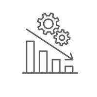 Low performance icon. Outline style thin line editable stroke symbol of bar chart with arrow down and gears. Concept of productivity drop, poor efficiency, or business failure. illustration vector