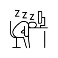 Fatigued remote worker icon Thin line symbol of person sleeping on desk with monitor outline style representing exhaustion burnout overwork from digital screen time vector