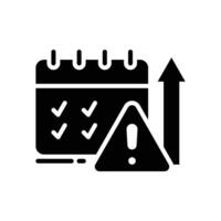 Deadline Pressure Glyph Icon Solid Calendar with Alert and Up Arrow Symbol Silhouette Black Icon Representing Workload Spike and Remote Worker Fatigue in Busy Schedule vector