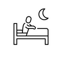 Sleep problem icon outline style. Figure sitting up in bed with moon in background showing insomnia or restless night. Thin line symbol illustration. vector