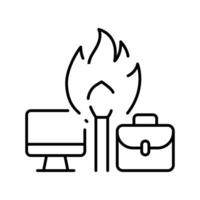 Work burnout icon. Outline thin line symbol showing fire between computer and briefcase representing job stress and mental exhaustion vector