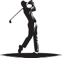 Silhouette of a golfer in mid swing with a golf club against a white background on a green course vector