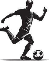 A stylized illustration of a soccer player kicking a ball in a dynamic action pose on a white background vector