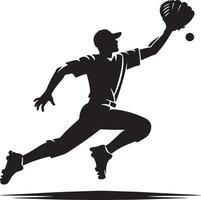 Silhouette of a baseball player catching a ball with his glove in mid air on a white background vector