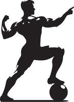 Silhouette of muscular soccer player with foot on ball pointing with arm raised in victory pose vector