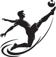 A stylized illustration of a soccer player kicking a ball in a dynamic leaping pose on white background vector