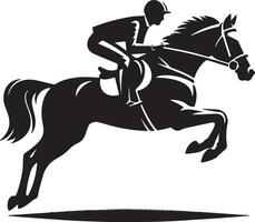 A black silhouette of a horse and rider jumping over an obstacle on a white background design art vector