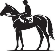 A black silhouette of a horse and jockey with number twelve on the saddle against a white background vector