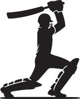 Silhouette of a cricket player batting with helmet and pads in action against a white background view vector