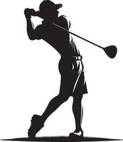 Silhouette of a golfer in mid swing wearing a cap and shorts against a white background on grass vector