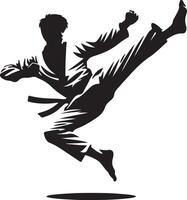 Silhouette of a karate practitioner in mid air performing a kick against a white background art image vector