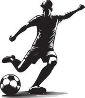 A stylized illustration of a soccer player kicking a soccer ball in a dynamic pose on a white background vector