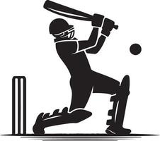 A silhouette of a cricket player batting with helmet, gloves, pads, ball and wickets on a white background vector