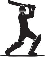 Silhouette of a cricket player with bat and helmet in batting stance against a white background vector