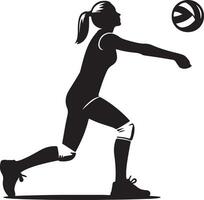 Silhouette of a woman playing volleyball with a ball on a white background in style art vector