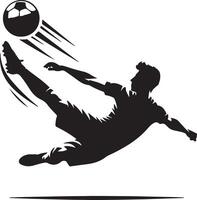 Silhouette of a soccer player kicking a ball with motion lines against a white background design art vector