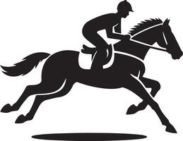 A black silhouette of a jockey riding a horse at full speed in a illustration on white background vector