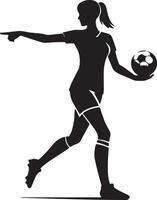 Silhouette of a female soccer player pointing with a soccer ball in her hand on a white background design vector