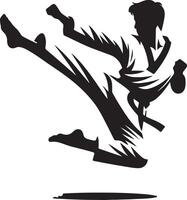 Silhouette of a man in a karate uniform performing a flying kick on a white background in a studio vector