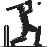Silhouette of a cricket player hitting a ball with a bat next to wickets on a white background vector
