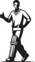 A cricket player in uniform giving a thumbs up with a smile on a white background in a cartoon style vector