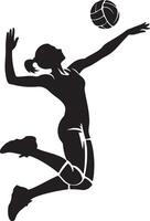 Silhouette of a woman jumping to hit a volleyball on a white background with dynamic pose and action vector