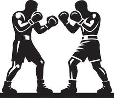 Two boxers facing each other in a boxing ring silhouette with boxing gloves and shorts in black and white vector